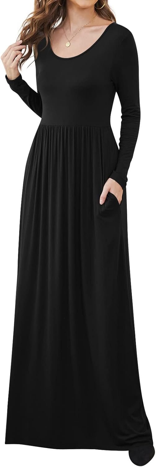 Women Casual Long Sleeve Maxi Dresses Empire Waist Long Dress with Pockets - Image 2