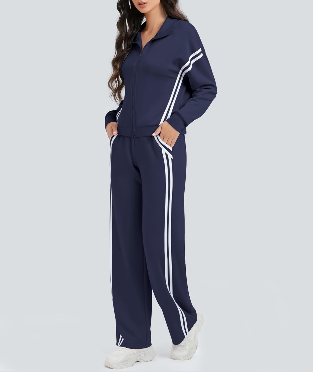 Women's 2 Piece Lounge Outfits Zip Up Sweat Set Contrast Striped Wide Leg Jogging Pants Travel Track Suit - Image 2