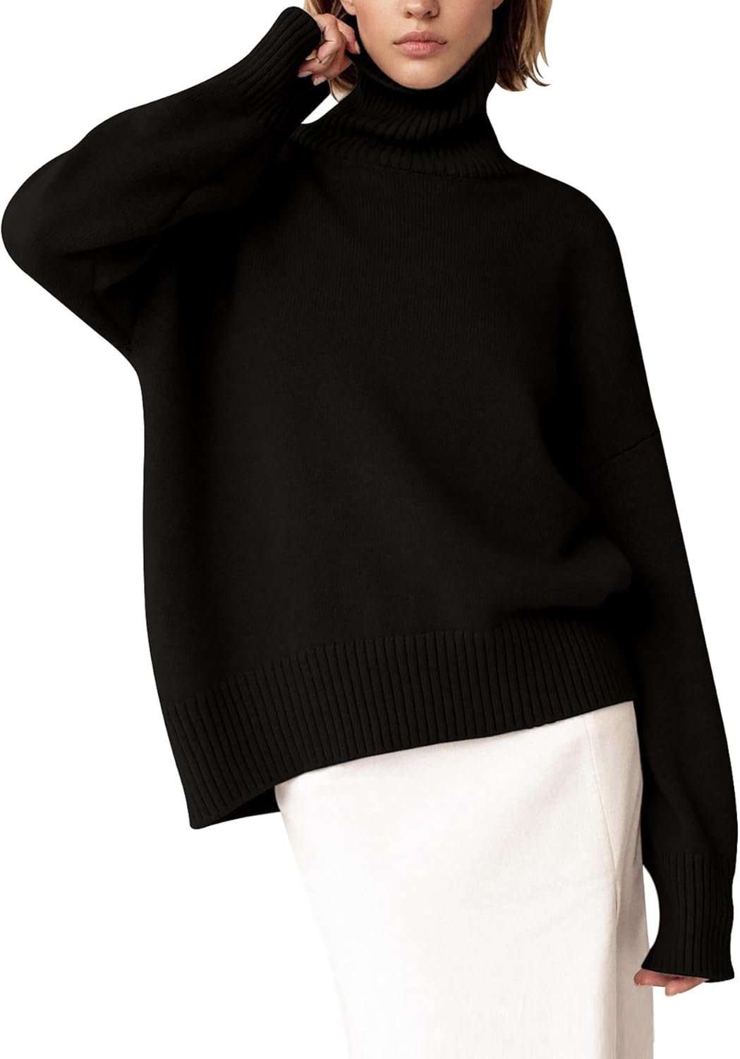 Women's Turtleneck Sweater Chunky Long Sleeve Knitted Pullover High Low Hem Trendy 2025 Fall Winter Basic Jumper Top