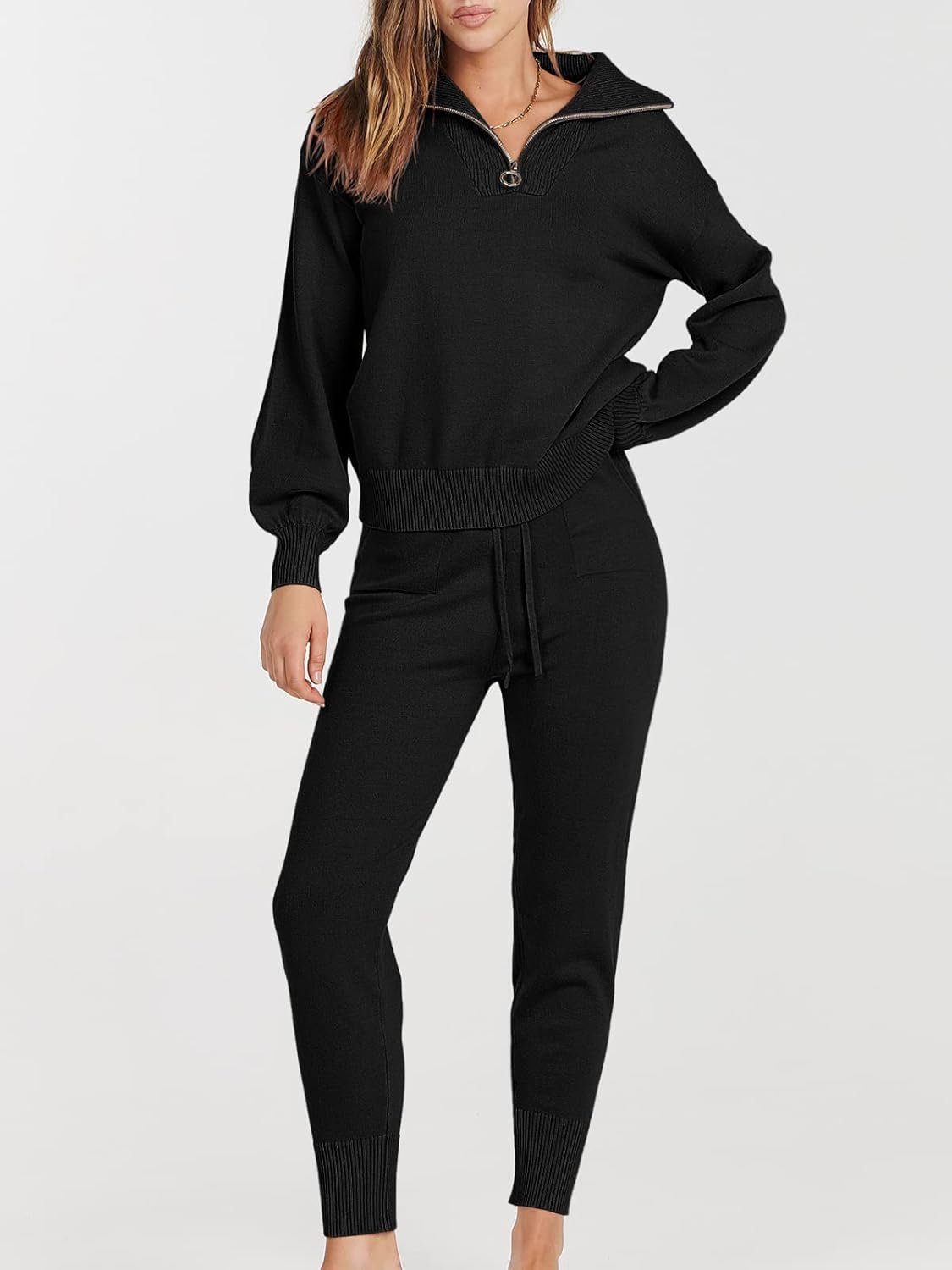 Women's Two Piece Outfits Sweater Lounge Sets Long Sleeve Zip Up Knit Pullover Jogger Pants Tracksuit Travel Outfits - Image 2