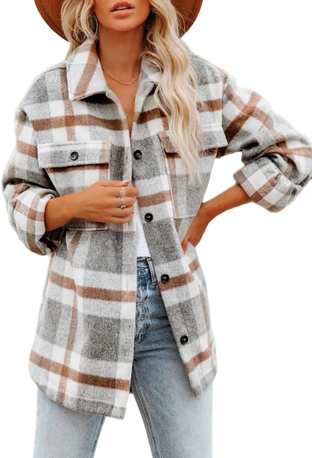 Women's Flannel Plaid Shacket 2025 Fall Outfits Long Sleeve Button Down Shirts Jacket Coats with Side Pockets