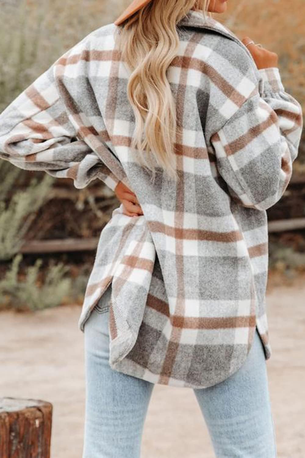 Women's Flannel Plaid Shacket 2025 Fall Outfits Long Sleeve Button Down Shirts Jacket Coats with Side Pockets - Image 2