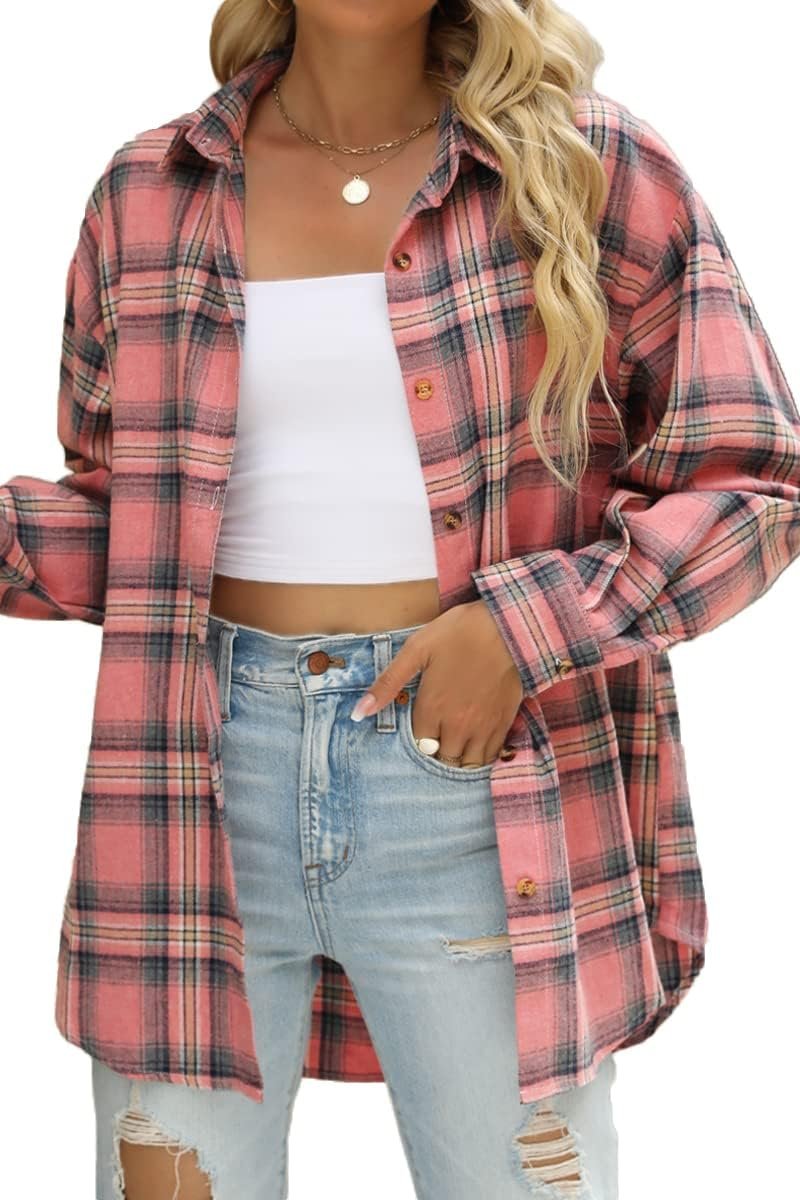 Womens Button Down Flannel Shirts Long Sleeve Plaid Shackets Business Casual Blouse Top
