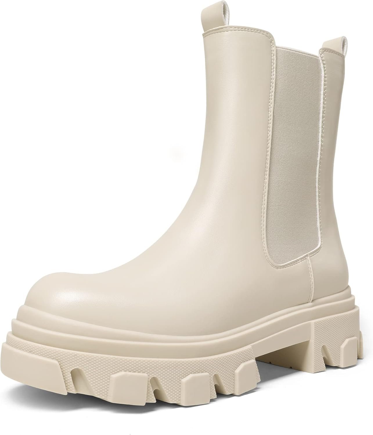 Women Platform Chelsea Boots Lug Sole Combat Mid Calf Slip On Chunky Ankle Booties
