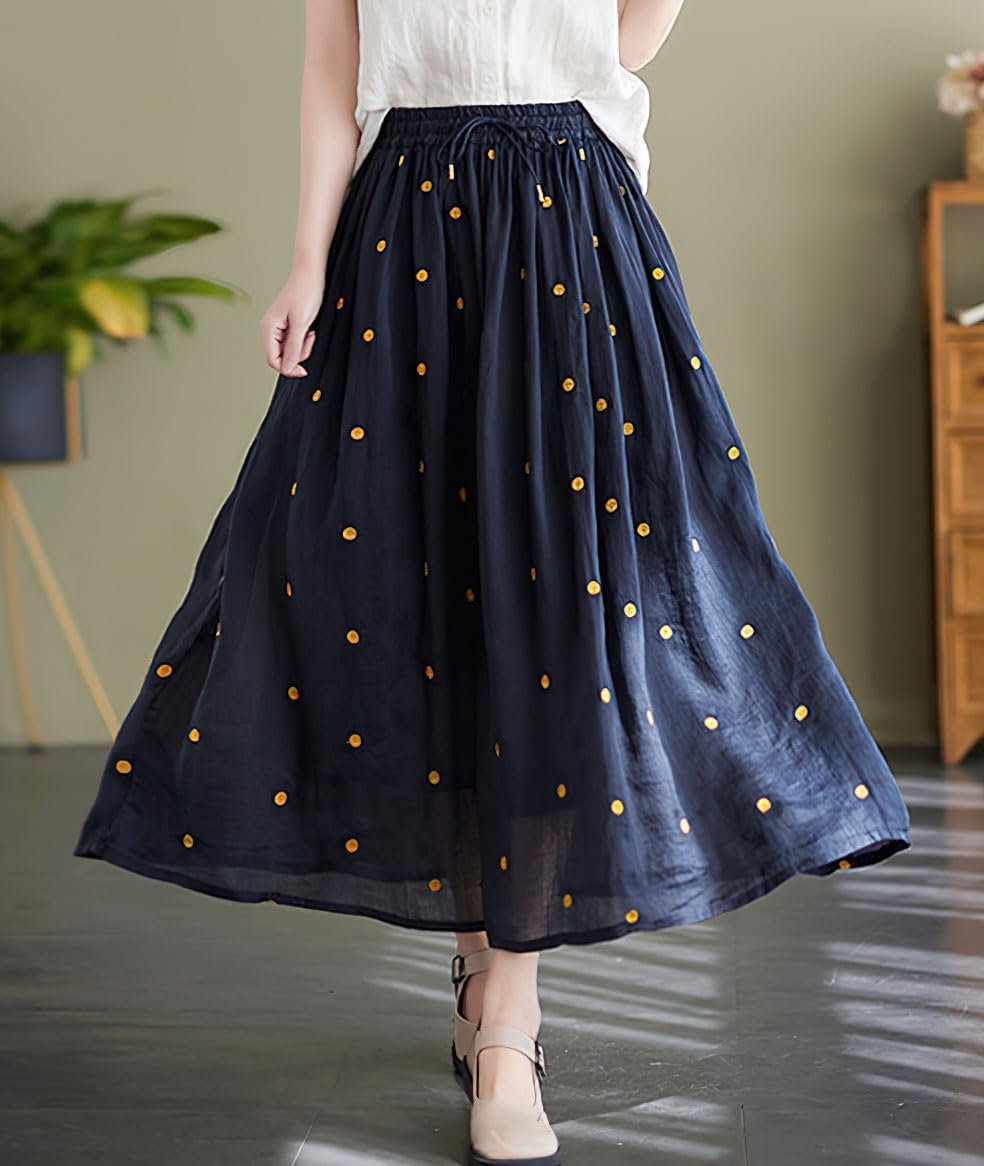 Women's Elegant Polka Dot A-Line Skirt Boho Swing Pleated Cotton Midi Long Skirt - Image 2