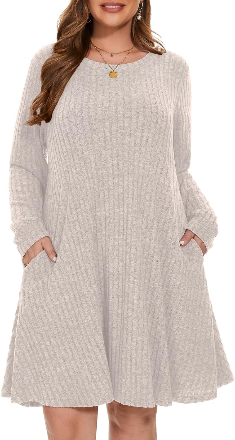 Sweater Dress Plus Size Dresses Crew Neck Long Sleeve Casual Fall Winter Tunic Dress Pockets