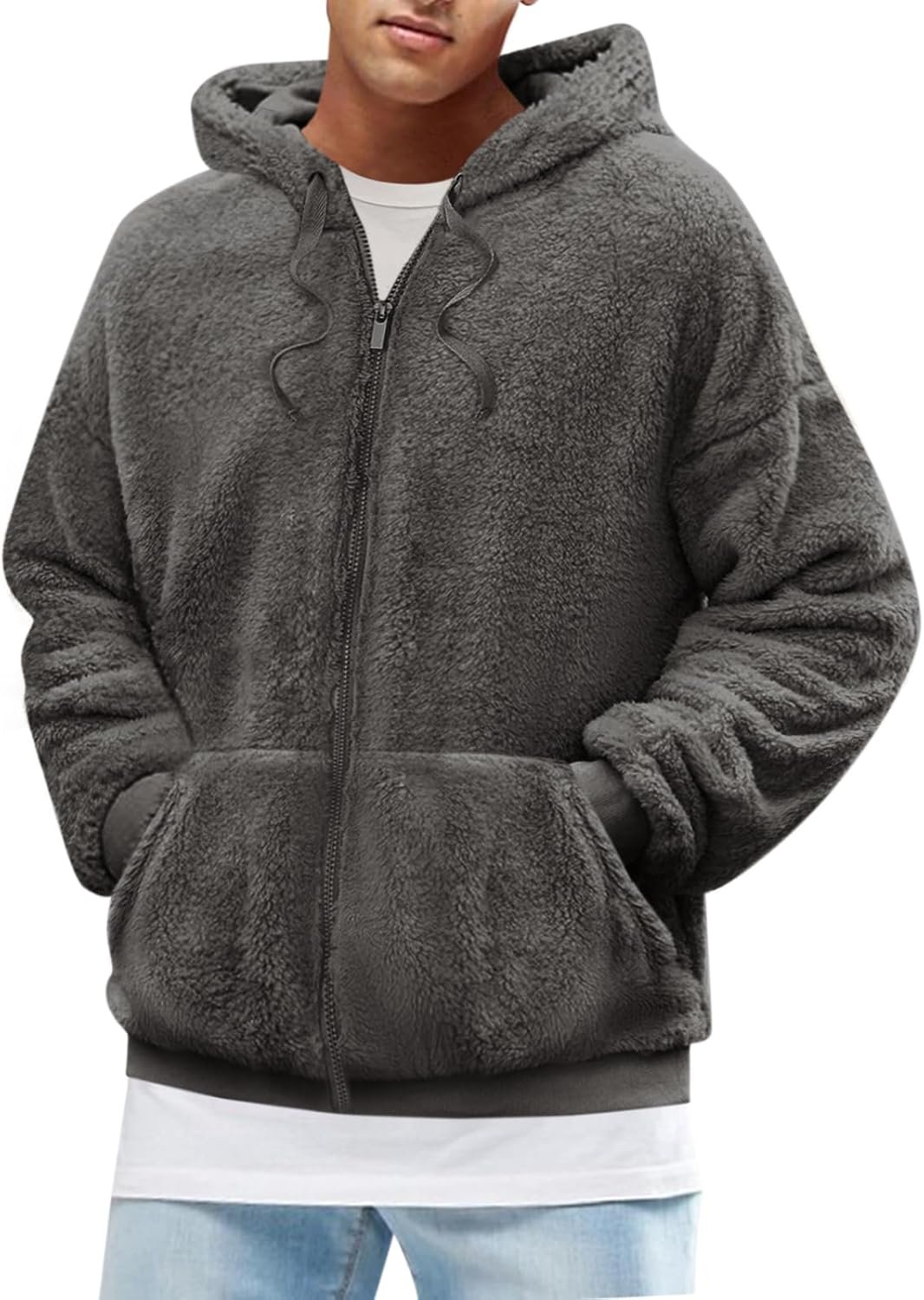 Men's Fuzzy Athletic Hoodie Heavyweight Fleece Jacket Zip Up Hooded Sweatshirt Sports Coat