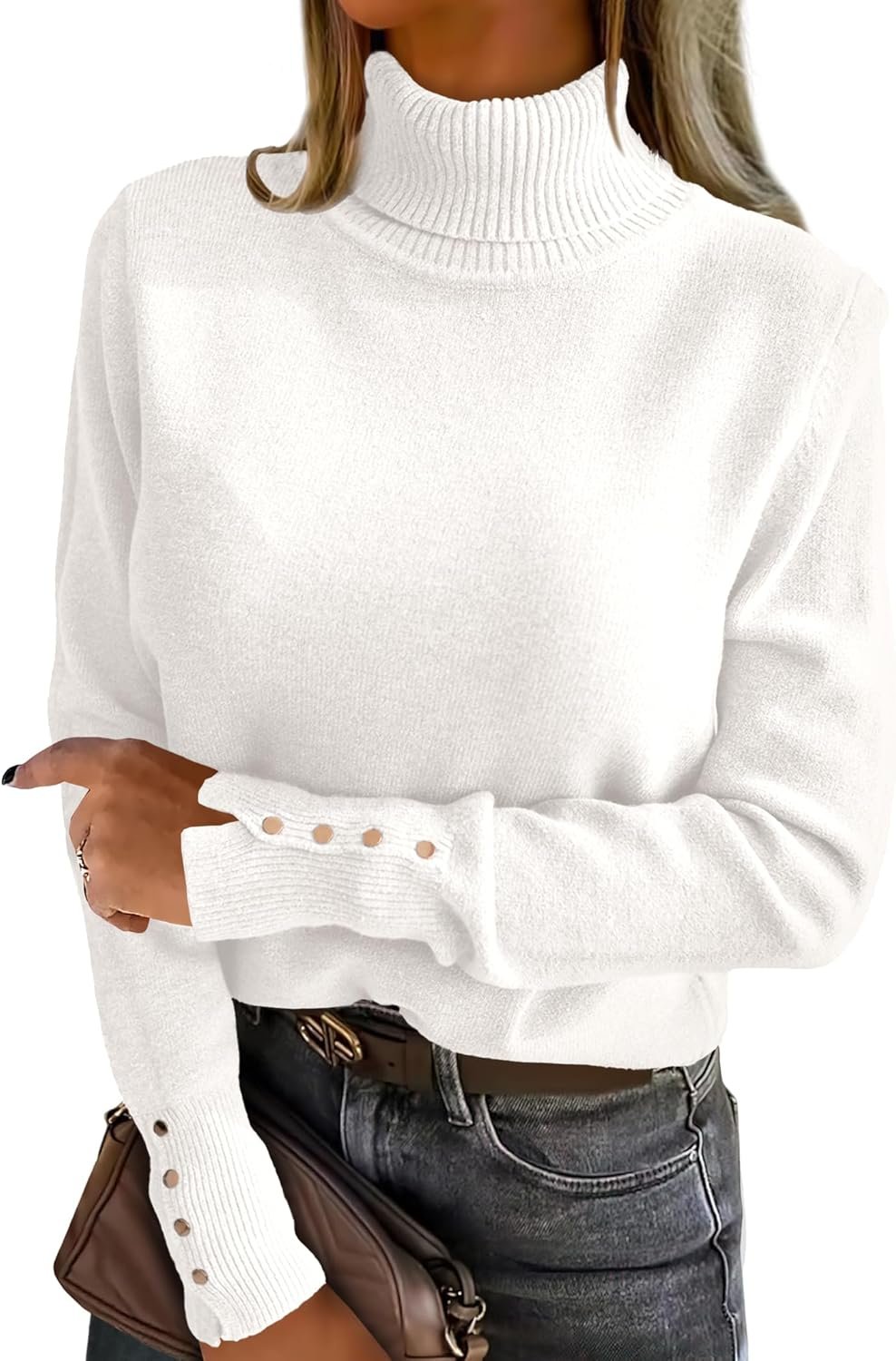 Turtleneck Sweaters for Women 2025 Fall Long Sleeve Dressy Casual Soft Knitted Button Basic Pullover Tops Outfits