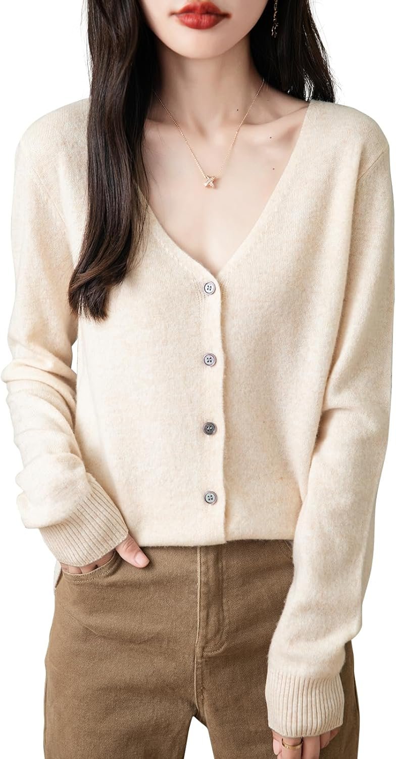 Women's 100% Merino Wool Cardigan 2025 Fall Winter Sexy V Neck Long Sleeve Lightweight Knit Cardigan Sweater