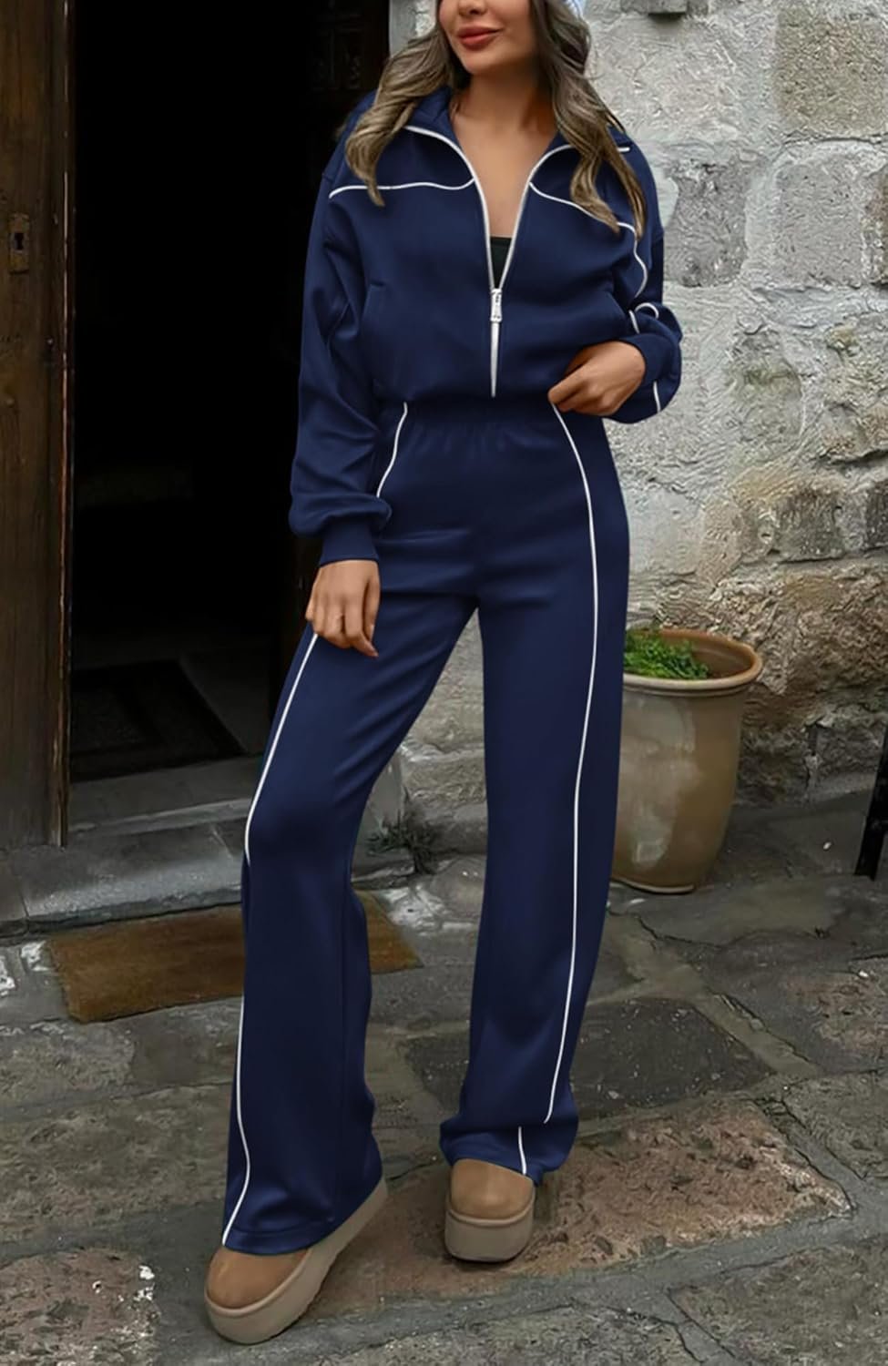 Women's Two Piece Tracksuit Fall 2025 Long Sleeve Zip Up Sweatshirt Long Pants Outfits Jogger Sweatsuit Sets - Image 2