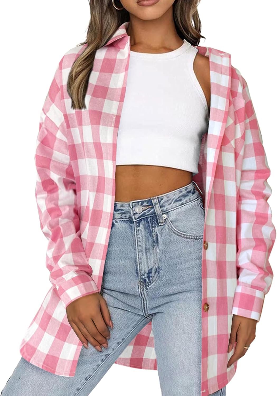 Womens Flannel Plaid Shirts Cotton Casual Long Sleeve Blouse Classic Collared Button Down 2025 Fall Tops S-2XL