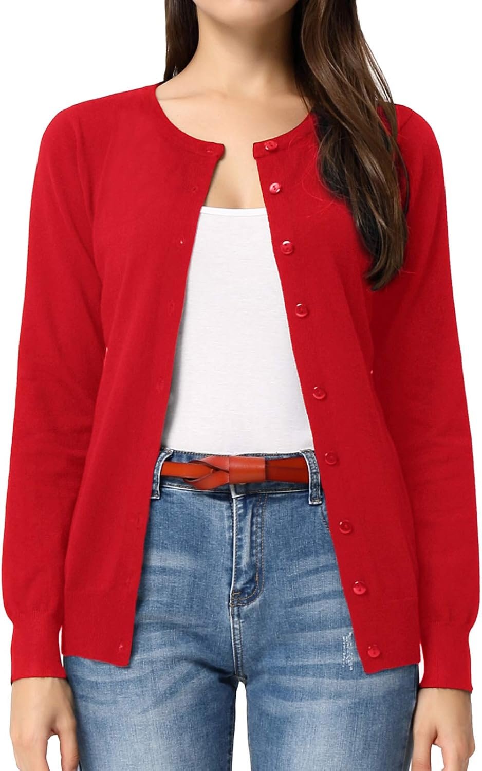 Women's Long Sleeve Button Down Crew Neck Classic Sweater Knit Cardigan