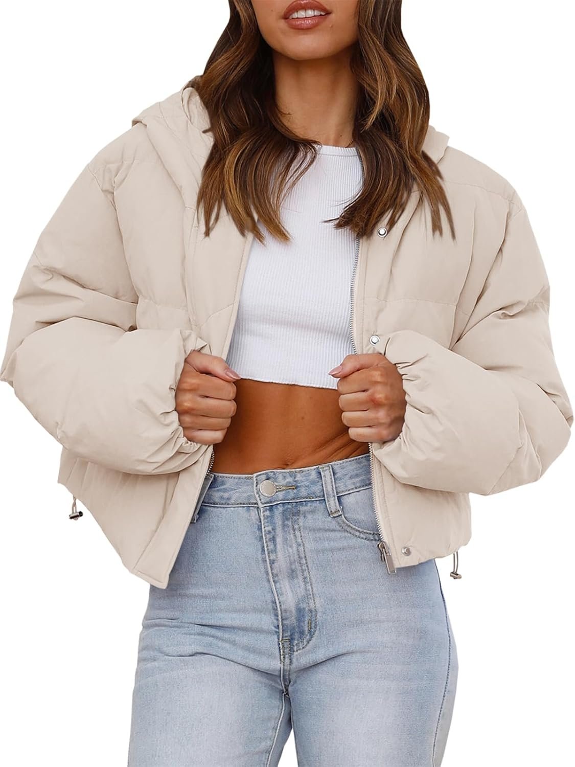 Women's Cropped Puffer Jacket Casual Winter Hoodie Baggy Short Down Coats with Pockets