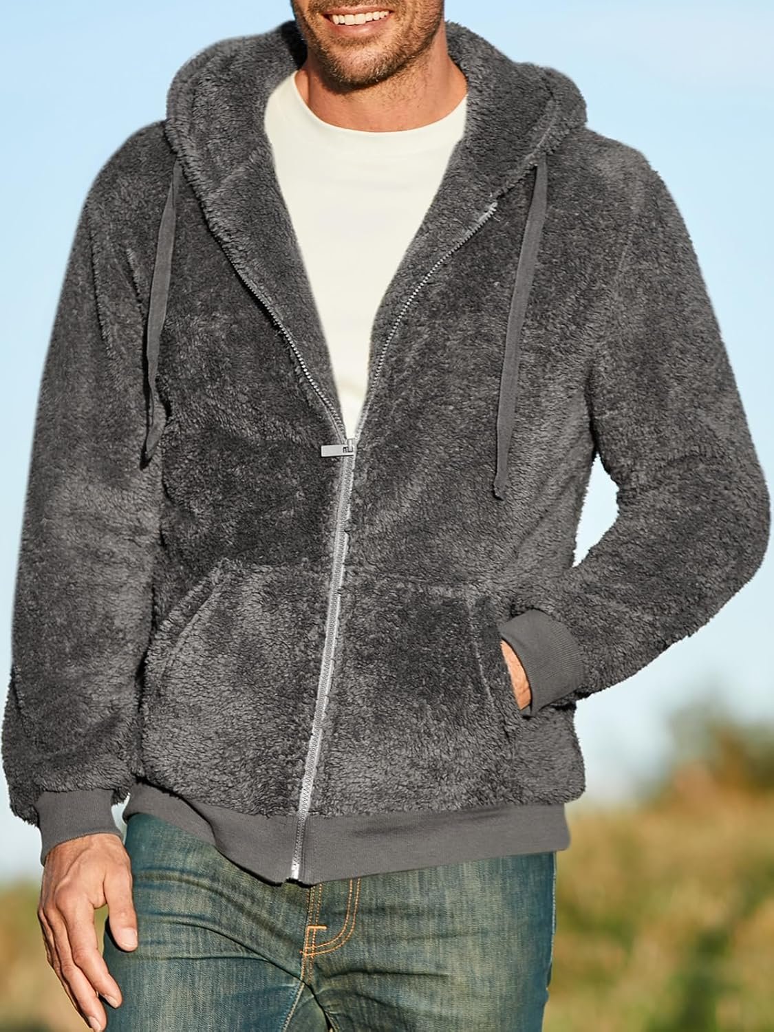 Men's Fuzzy Athletic Hoodie Heavyweight Fleece Jacket Zip Up Hooded Sweatshirt Sports Coat - Image 2
