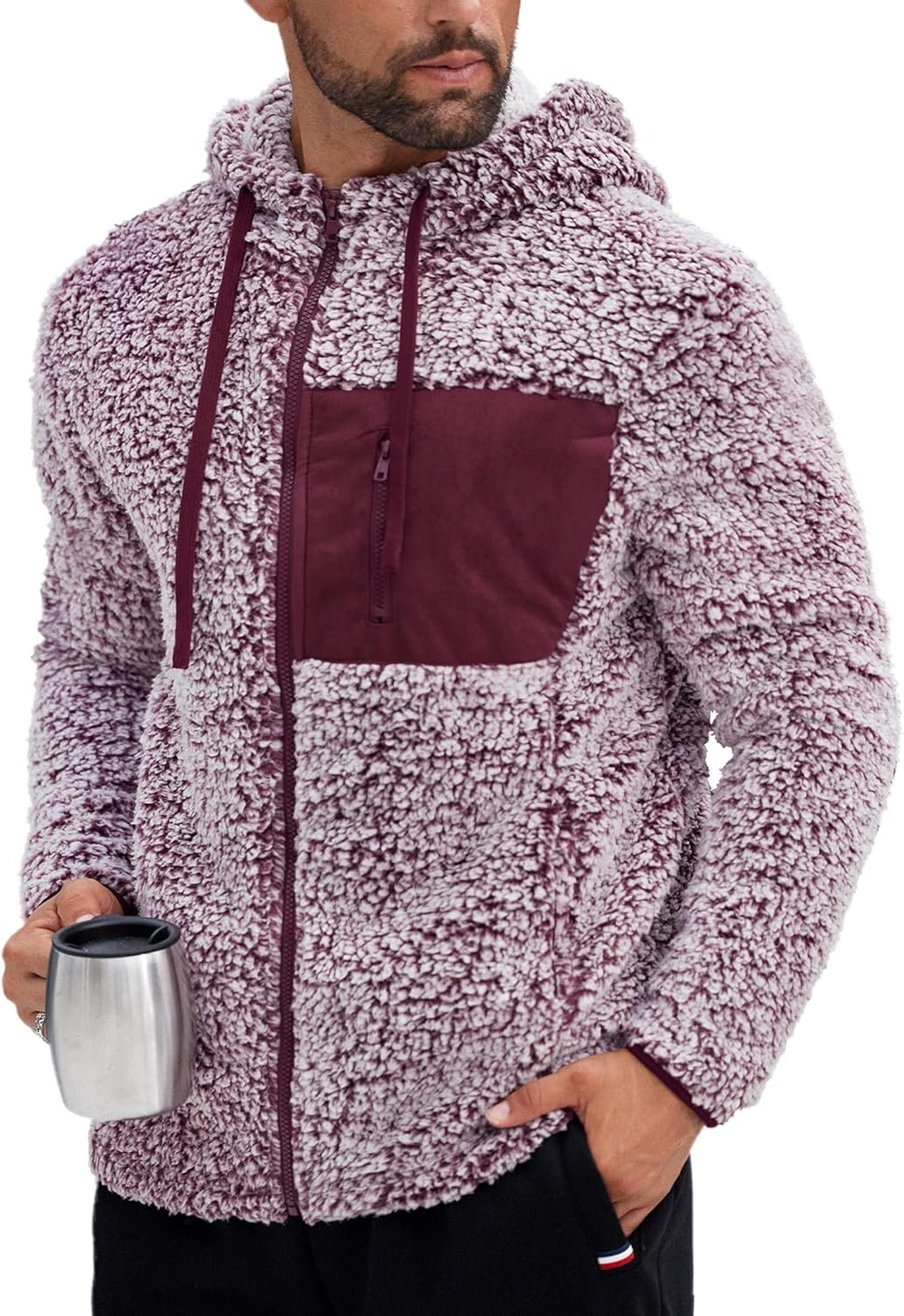 Men's Zipper Hoodie Fuzzy Fleece Jacket Color Block Thermal Cardigan with Pockets (S-XXL)